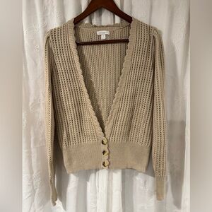 CHARTER CLUB Cream Knit V Neck Puff Shoulder Cottagecore Cardigan Women’s M
